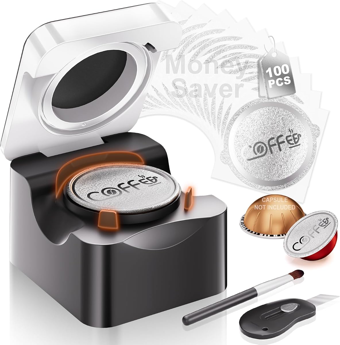 Reusable Vertuo Pods Kit for Nespresso Machine(No Pod) | Money-saver, 100 Aluminum Foil Seal Lids, Flip-top Sealer, Compatible with Vertuo Plus, Pop, Next All Size Capsules