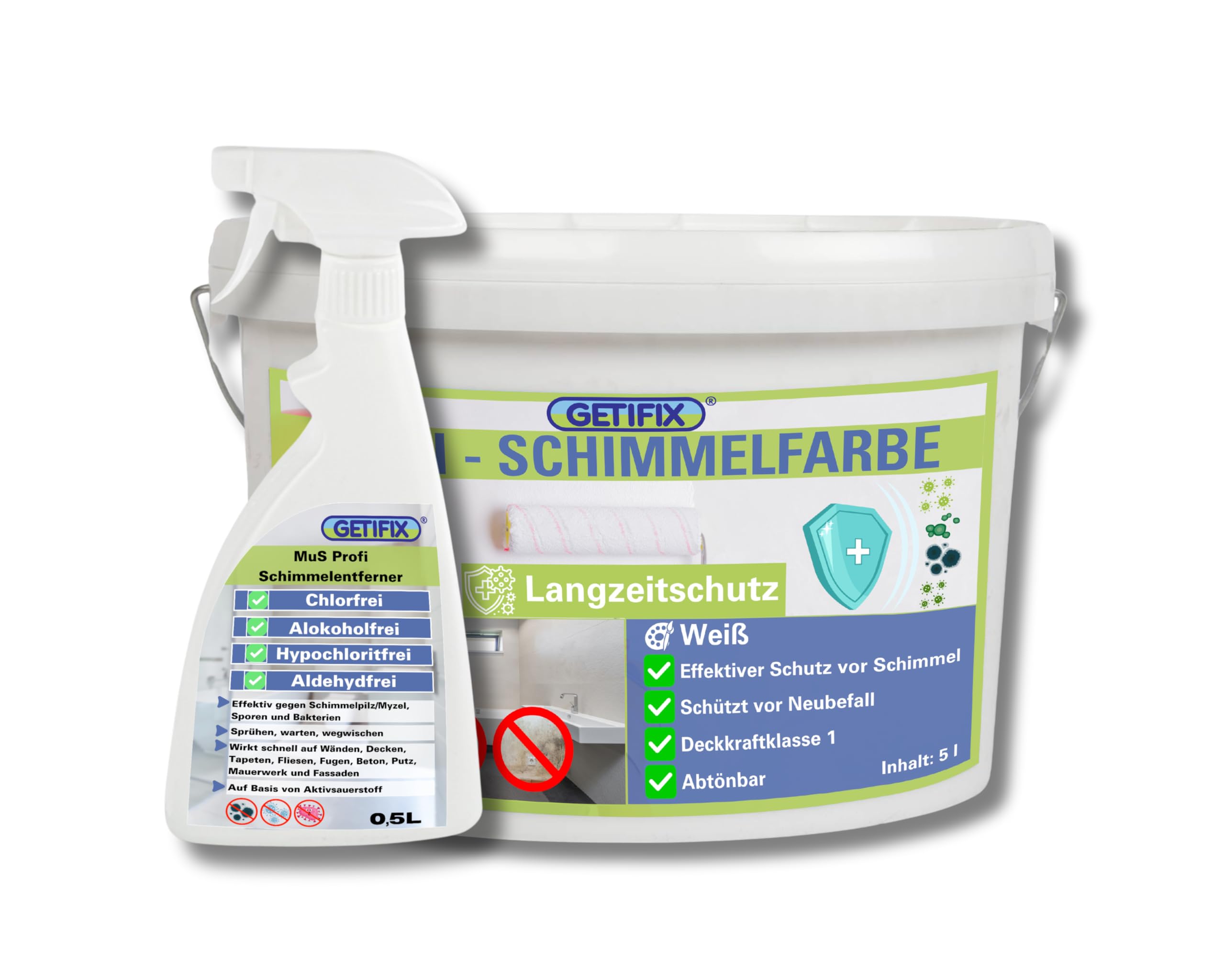 Schimmelentferner Spray (chlorfrei) 0,5 l + Schimmelfarbe Weiß 5 l, effektives Duo für die Schimmelentfernung und nachhaltigen Schutz vor Neubefall, für viele Wände geeignet