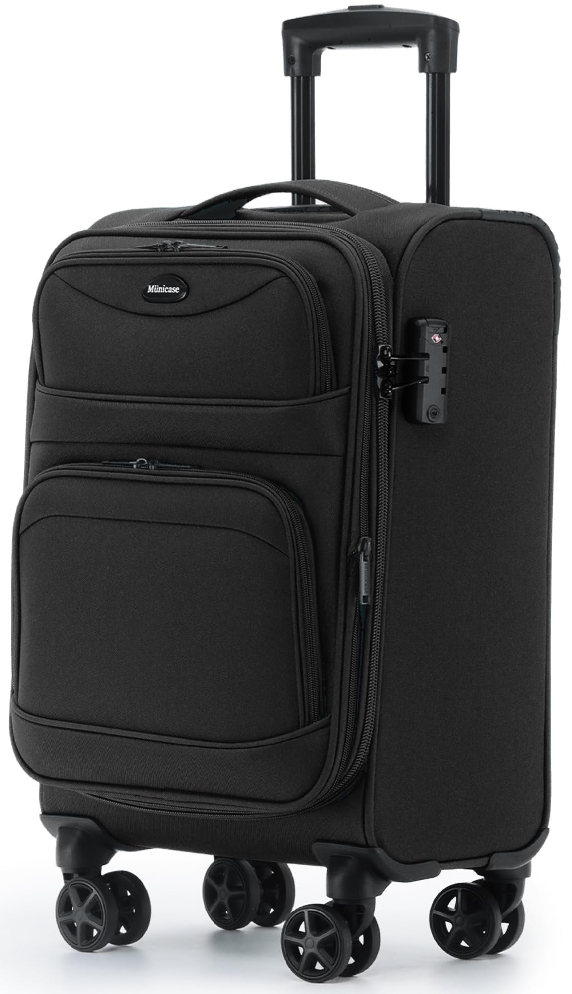 Münicase Stoffkoffer erweiterbar mit Frontfächern,15% Extra-Volumen, TSA-Schloss, 360° Doppelrollen & verdecktem Namensschild (Schwarz, Koffer M (55 cm) erweiterbar)