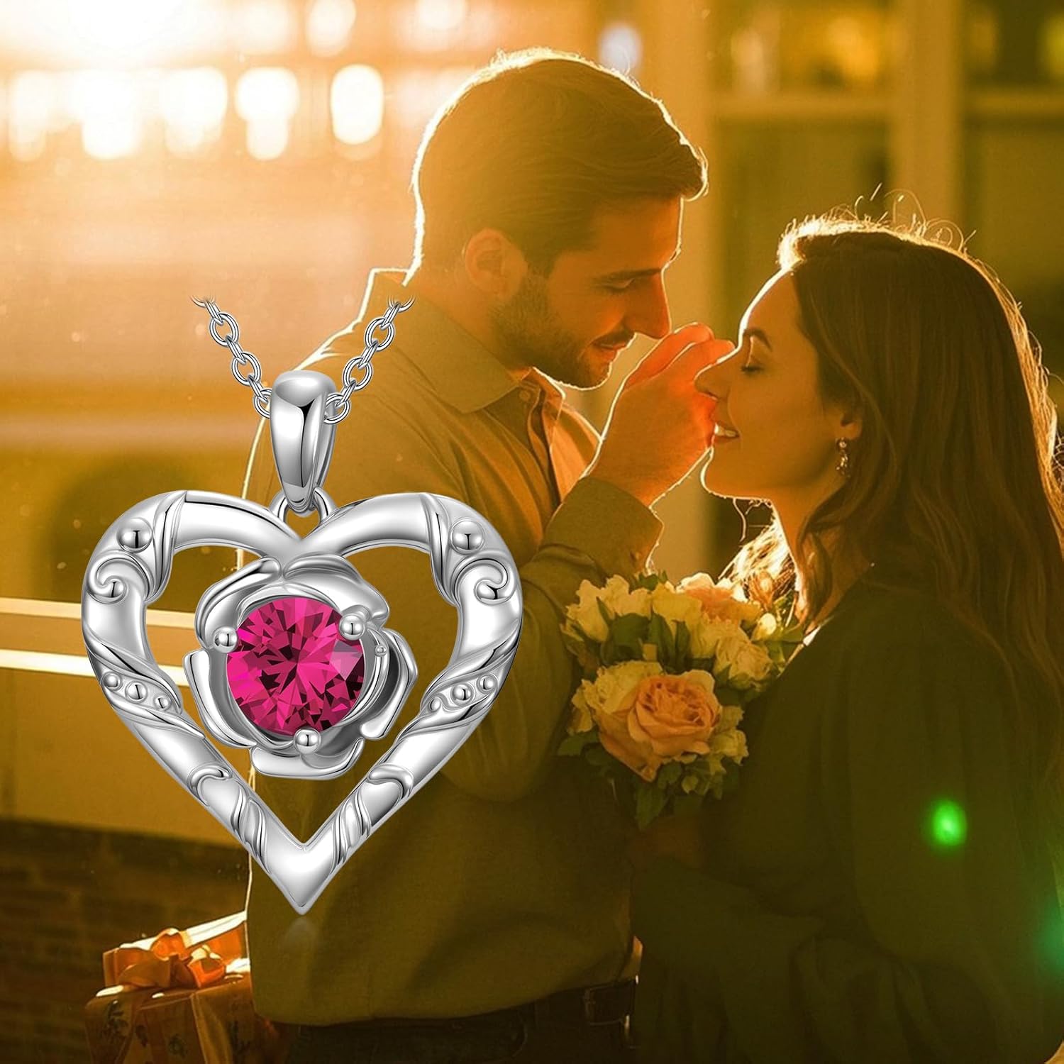 Ruby Love Heart Pendant Necklace for Women - 18"+2" Sterling Silver Chain - White Gold Plated Charm Rose Necklace Gift for Wife Mom Christmas Anniversary - Image 6