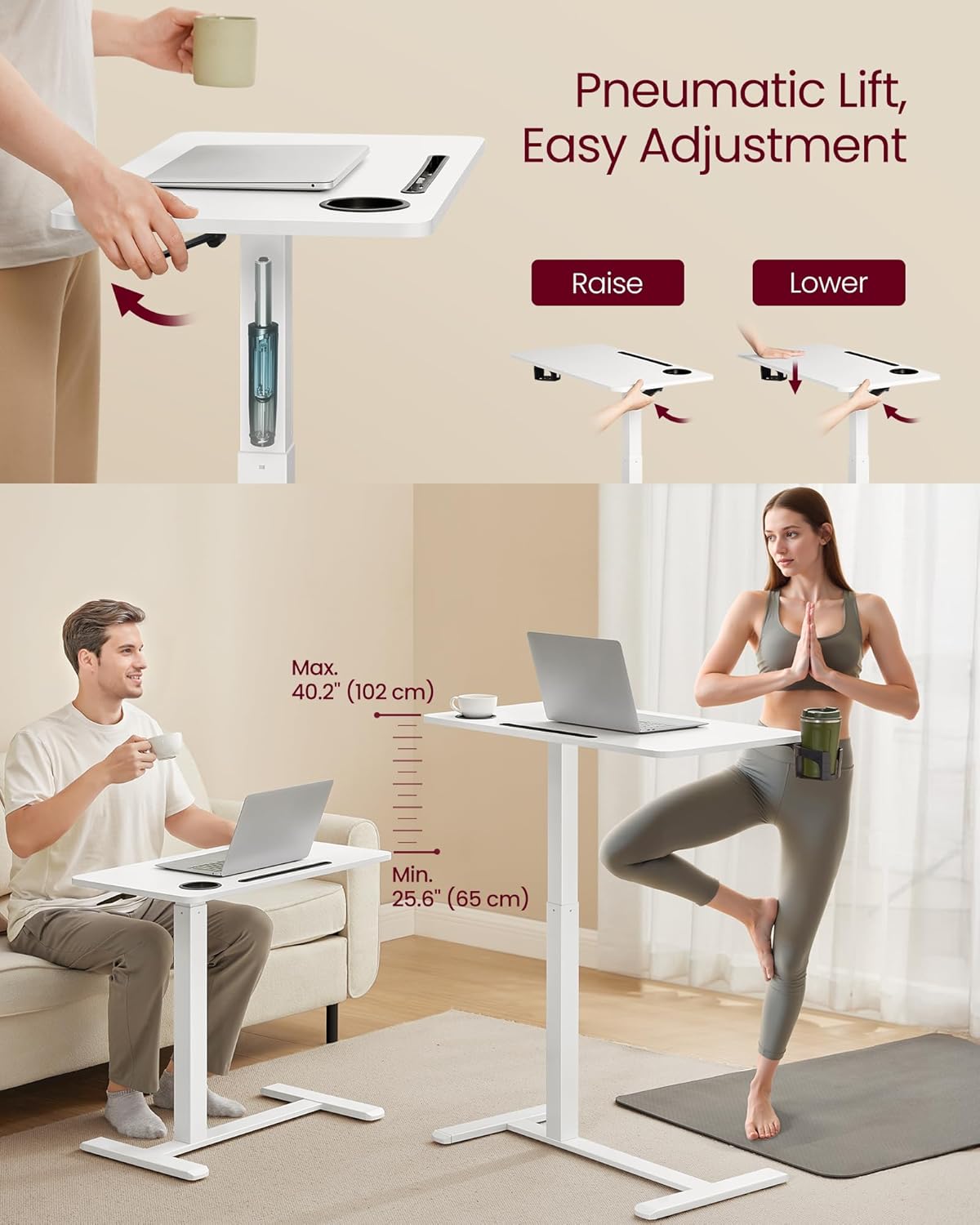 VASAGLE Overbed Table with Wheels, Mobile Standing Computer Desk, 31.5 x 17.7 Inches Tabletop, Adjustable Height, 2 Cup Holders, Phone and Tablet Slot, Cloud White ULSD601W01