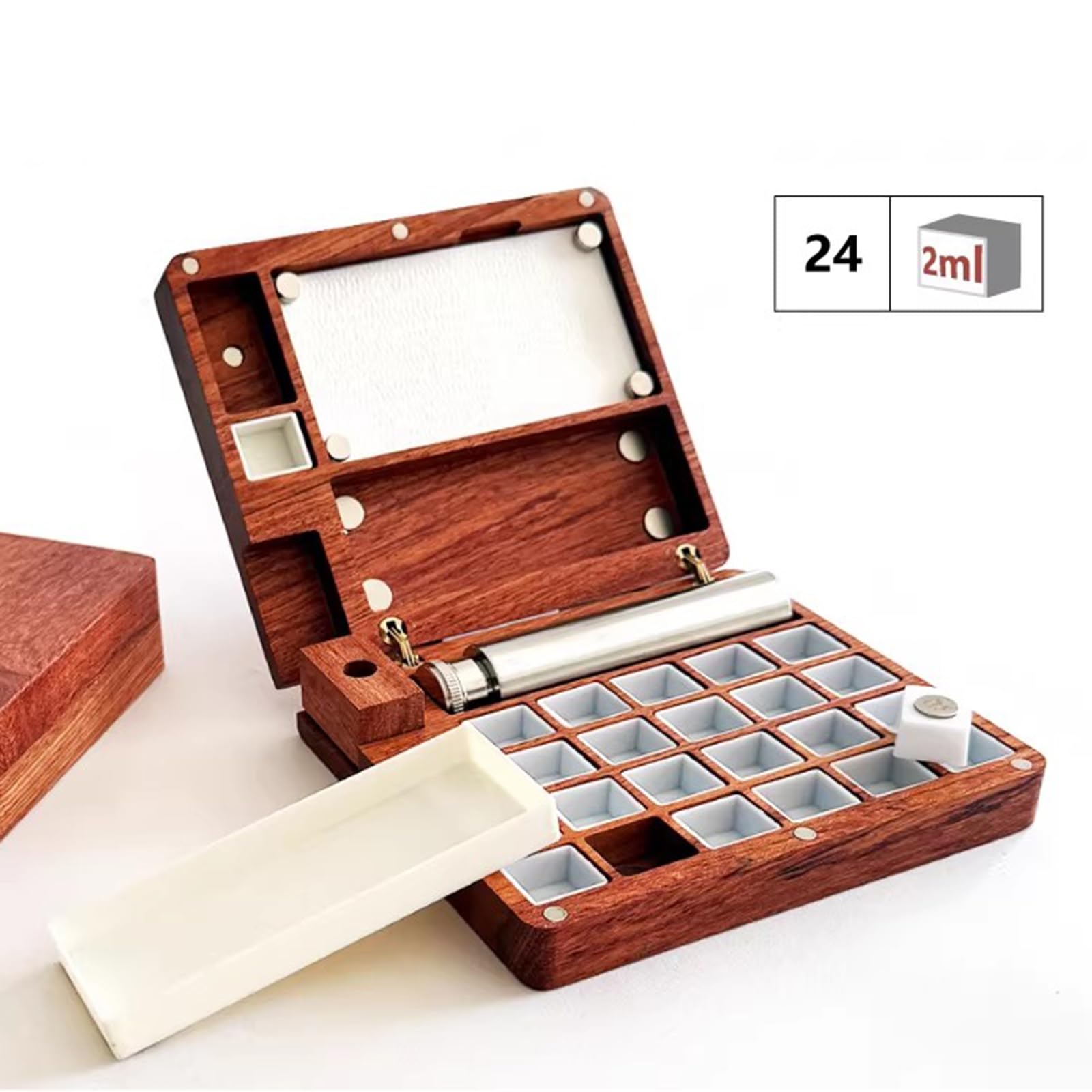 Palette d'aquarelle, mini portable 24 compartiments, boîte en bois de 2 ml avec tasse de lavage, plateau de voyage pour aquarelle, gouache, acrylique, idéale pour les artistes et les étudiants