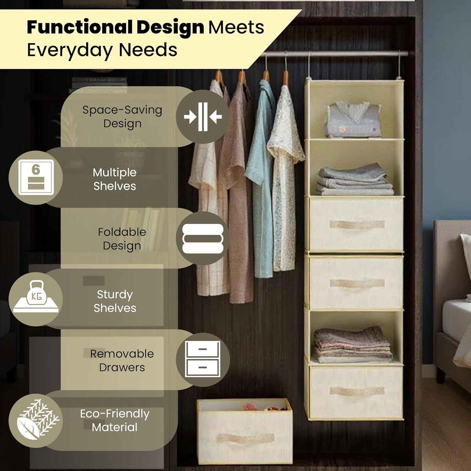 Hanging Closet Organizer with Drawers – Foldable 6 Tier Hanging Closet Shelves for Clothes, Shoe, Toys & Purse – Storage Organizer with 3 Separable Hanging Drawers & 6 Large Mesh Pocket (Beige)