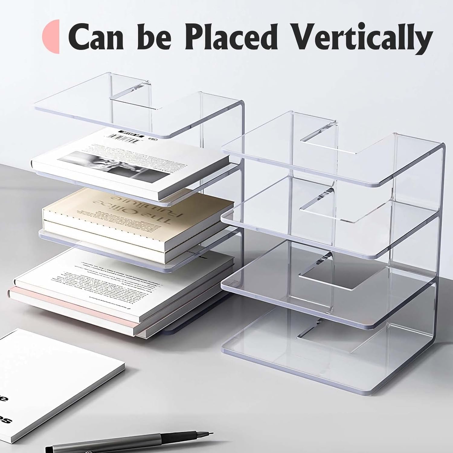 PIKFOS Book Organizer Clear File Sorter, Large Slot Acrylic Desk Organizer, Desktop File Folder Holder, Office Storage Stand Rack for Book, Envelopes, Mail, Document (PACK 2) 2