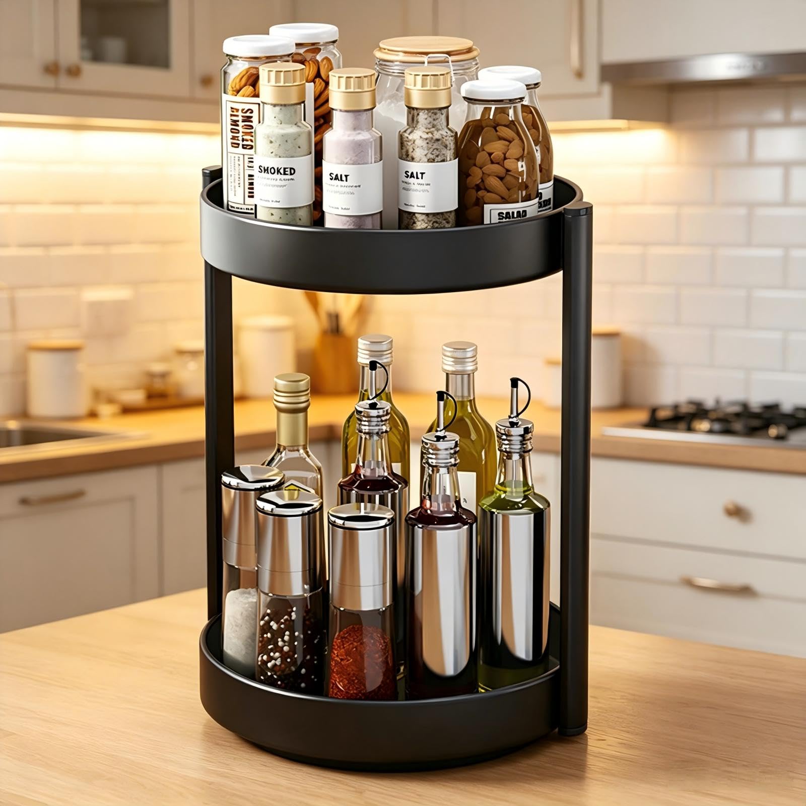 Porta Spezie per Cucina Organizer Girevole in Metallo Piatto Girevole Portaspezie 2 Livelli Organizer Sottolavello Deposito per il Bagno (Nero, 2Tiers)