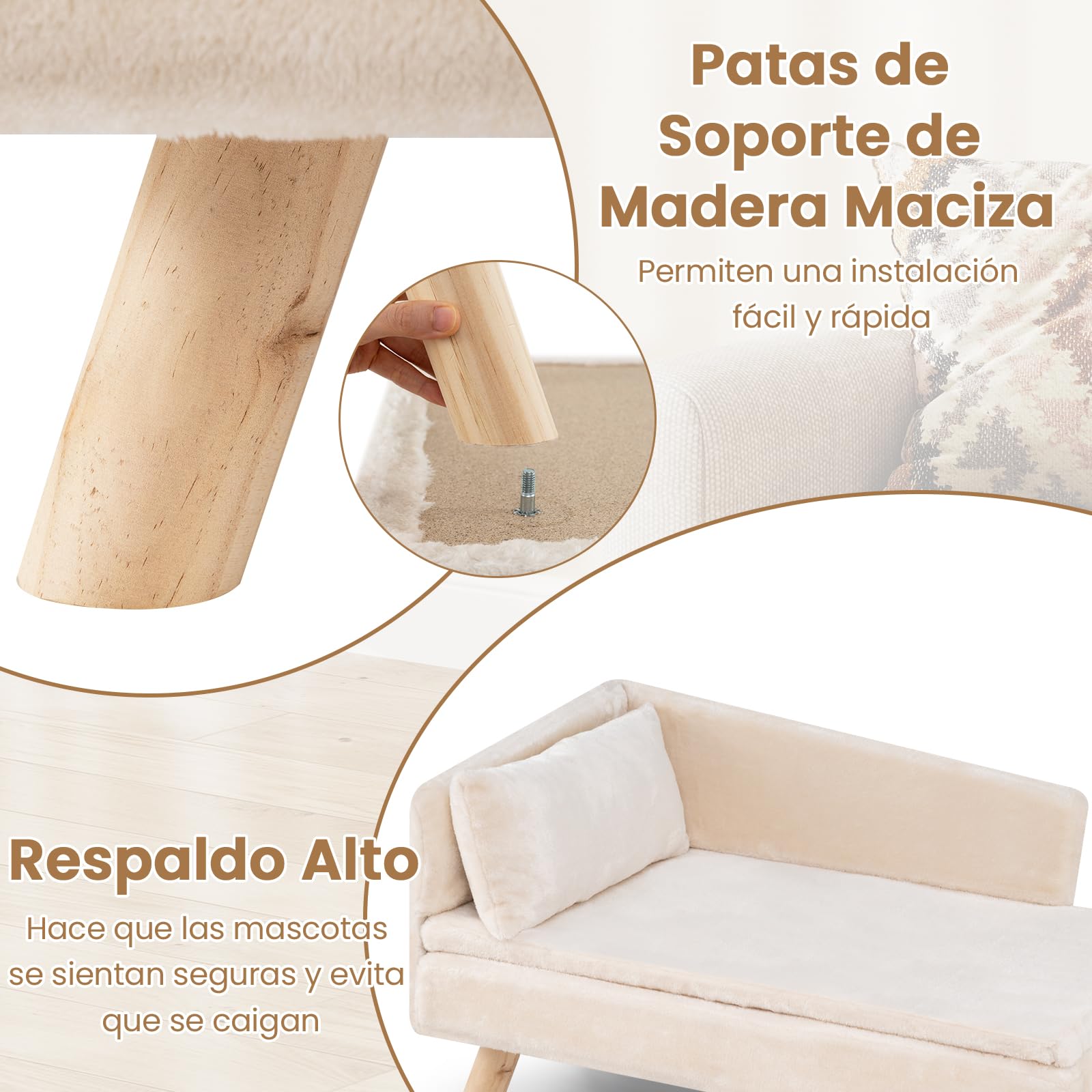 GYMAX Cama para Perros de Interior, Sofá para Mascotas con Patas de Madera de Pino Elevadas, Respaldo Alto, Cojines Desmontables, Cama Acolchada para Gatos Animales de Tamaño Mediano, Pequeño (Blanco)