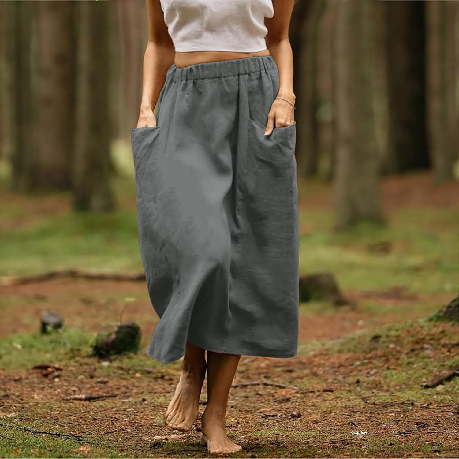 Women's Linen Midi Skirt Summer Cotton Pleated Flowy Elastic High Waisted Skirts Casual Loose Skirt with Pockets