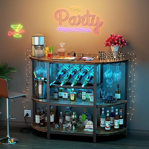 Miniatura 2 de Zarler Armario de mesa de bar con toma de corriente, gabinete LED para el hogar, mini bar para licor, soporte de metal para bar de vino con