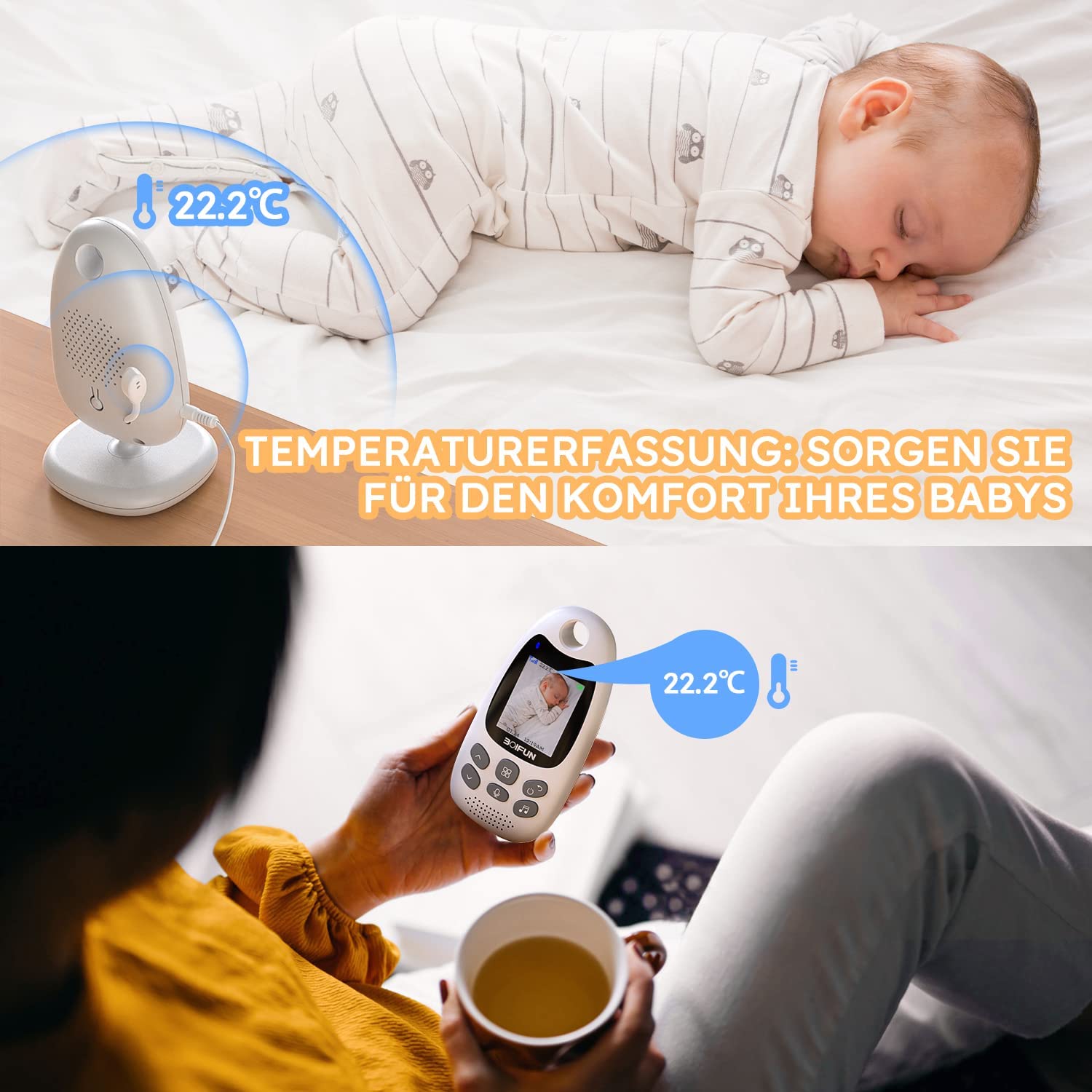 BOIFUN Babyphone mit Kamera, 2 Zoll 720P Monitor, Ohne WLAN, Nachtsicht, 2 Wege Audio, Vox-Funktion, Schallerkennung, Temperaturerkennung, Schlaflieder