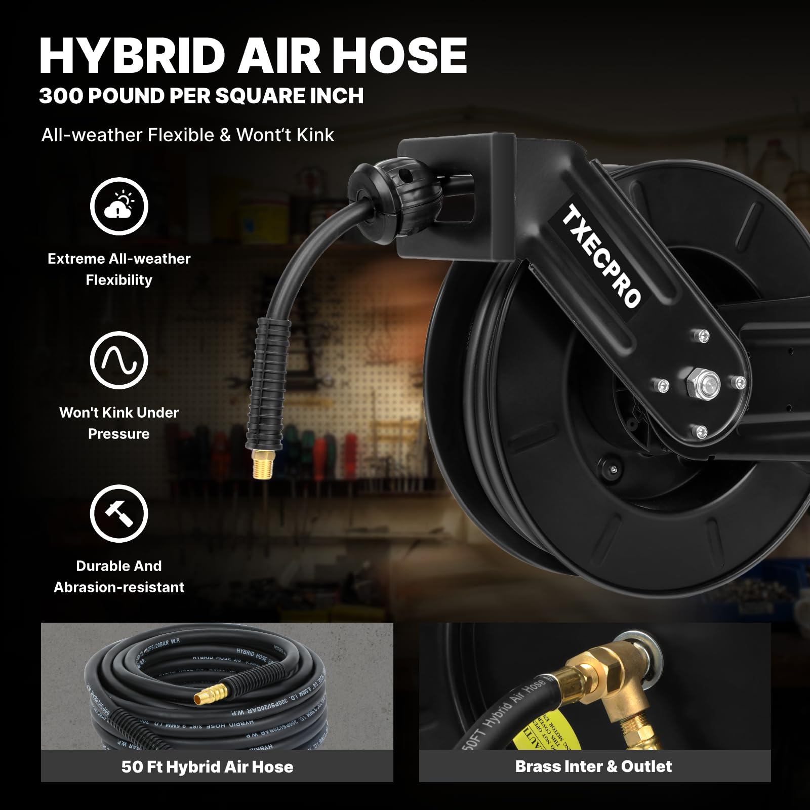 Txecpro Retractable Air Hose Reel – 3/8″ X 50ft Hybrid Hose, 300 PSI, Auto Rewind, Ceiling/Wall Mount, Heavy Duty