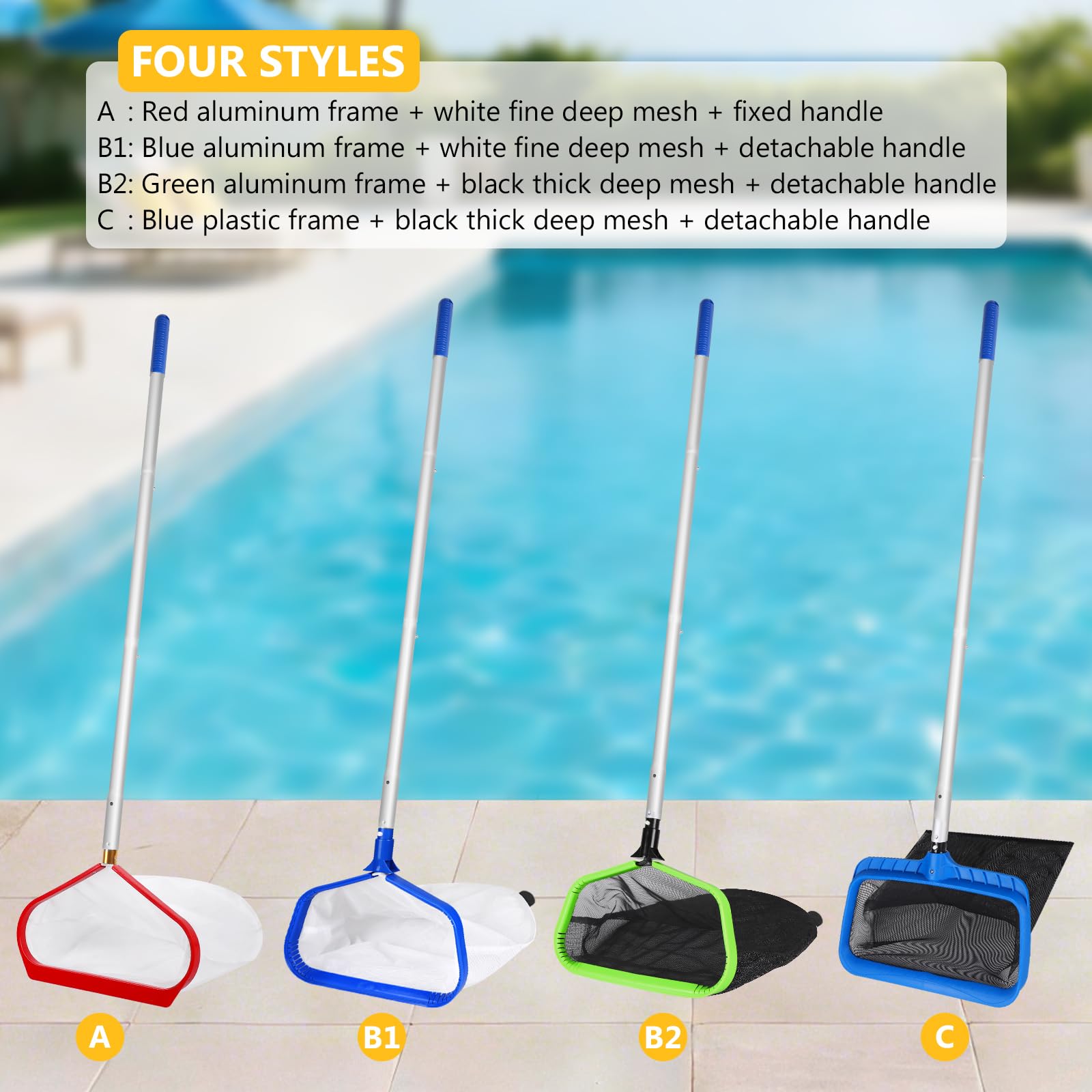 Recogedor para Piscina, Red de Limpieza con Mango Ajustable 2,7m Red Doble Capa para Estanque, Red Profunda para Piscina, Acuario, SPA - Tipo B (Marco Azul Aluminio, Red Fina Blanca Profunda)