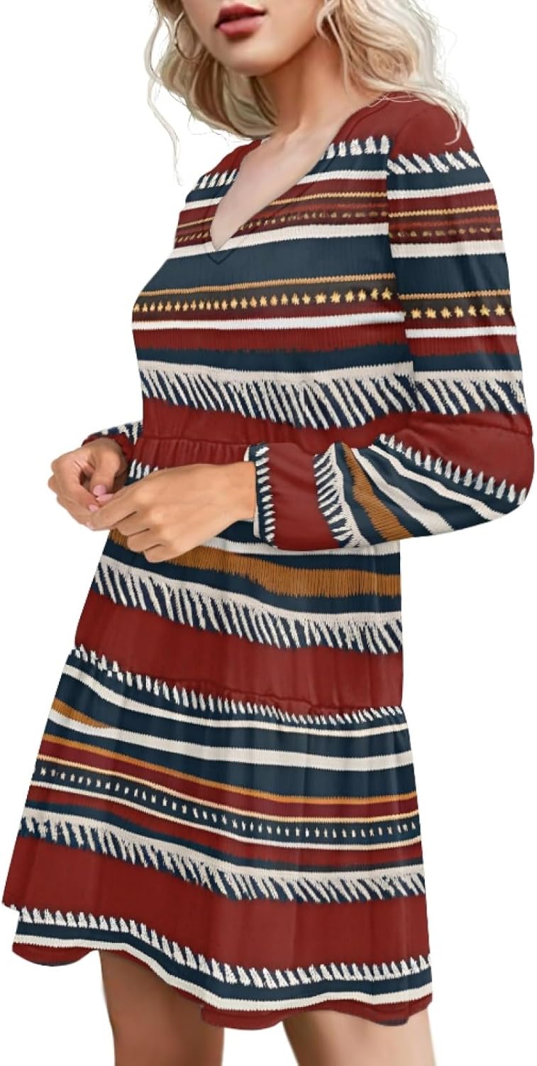 Long Sleeve Dress for Women Floral V Neck Lantern Sleeve Fashion Tunic Dress Knee Length Casual Swing Shift Dress - Image 2