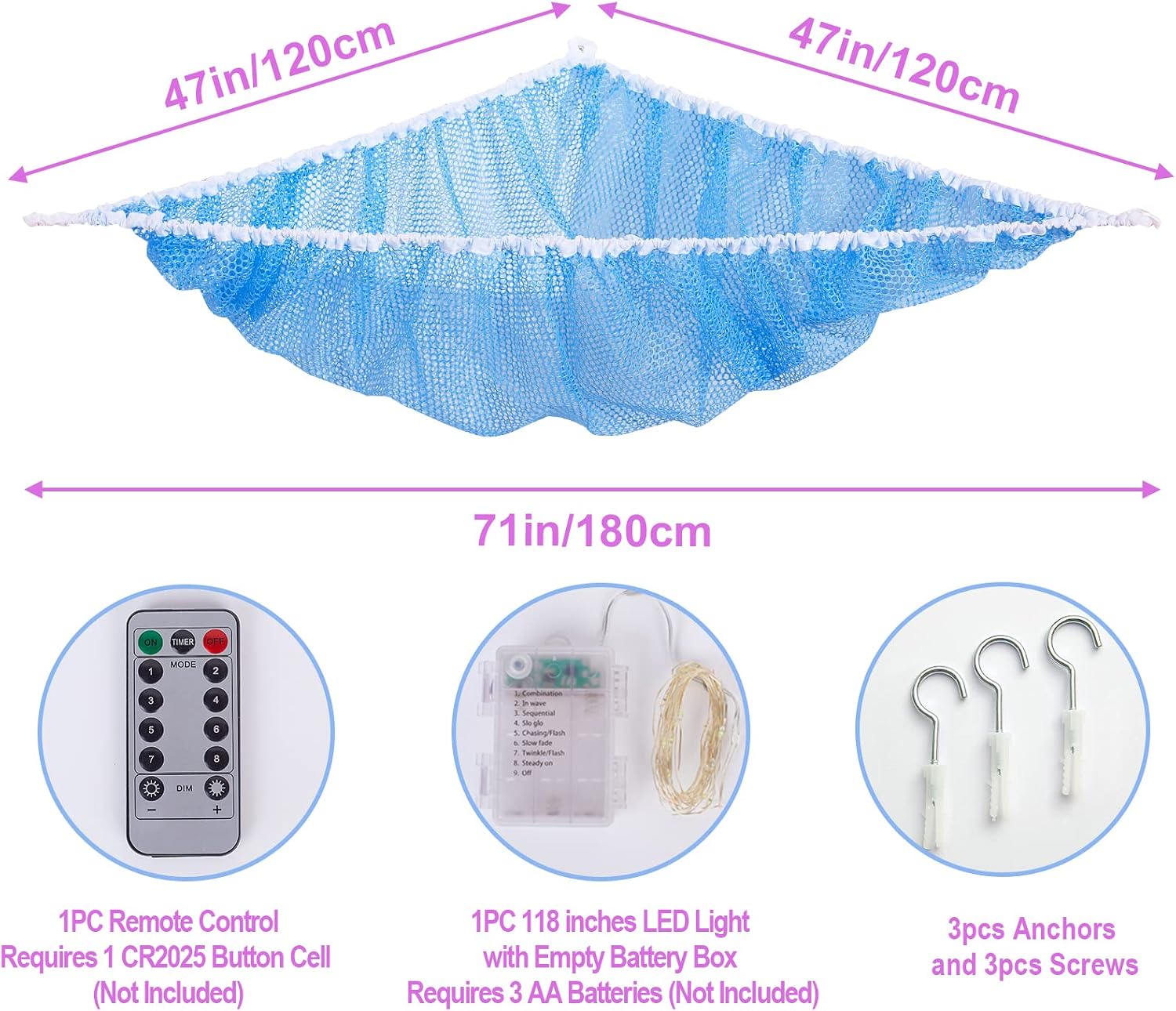 Basumee Stuffed Animals Net or Hammock with LED Light Hanging Toy Net Hammock for Stuffed Animals Storage Stuff Animals Hammocks for Nursery Kids Room with Remote Control, 8 Kinds of Lights, Blue A