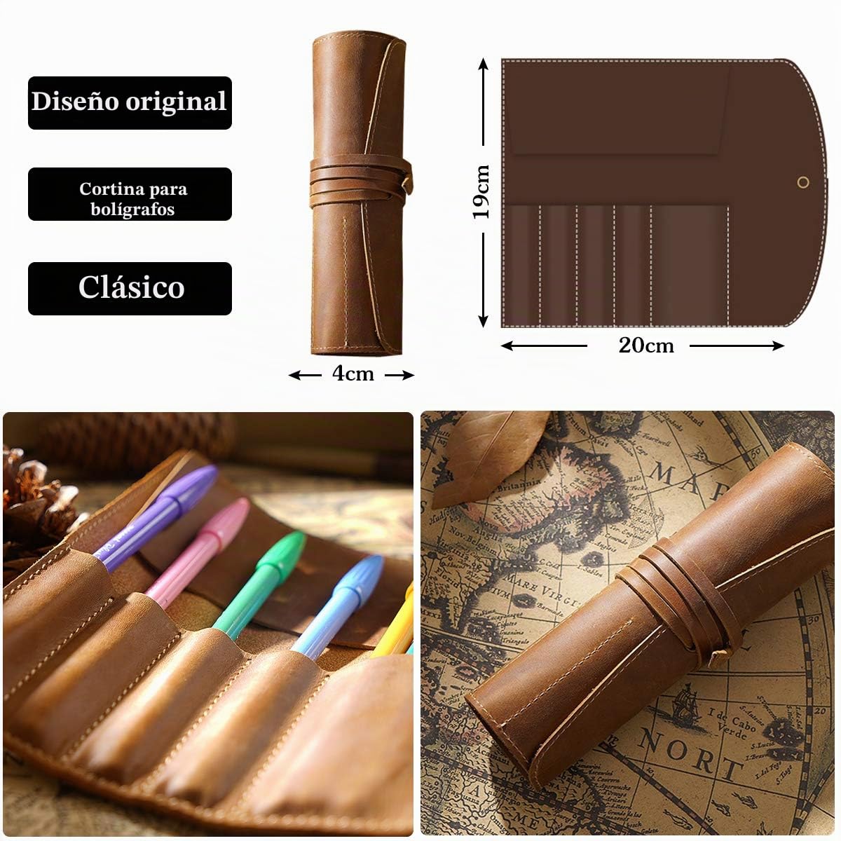 Enrollable Estuches Cuero Bolsa de Lápiz Impermeable Portátil Organizador Pencil Case para Hombre Mujer Estudiante Escuela Marrón
