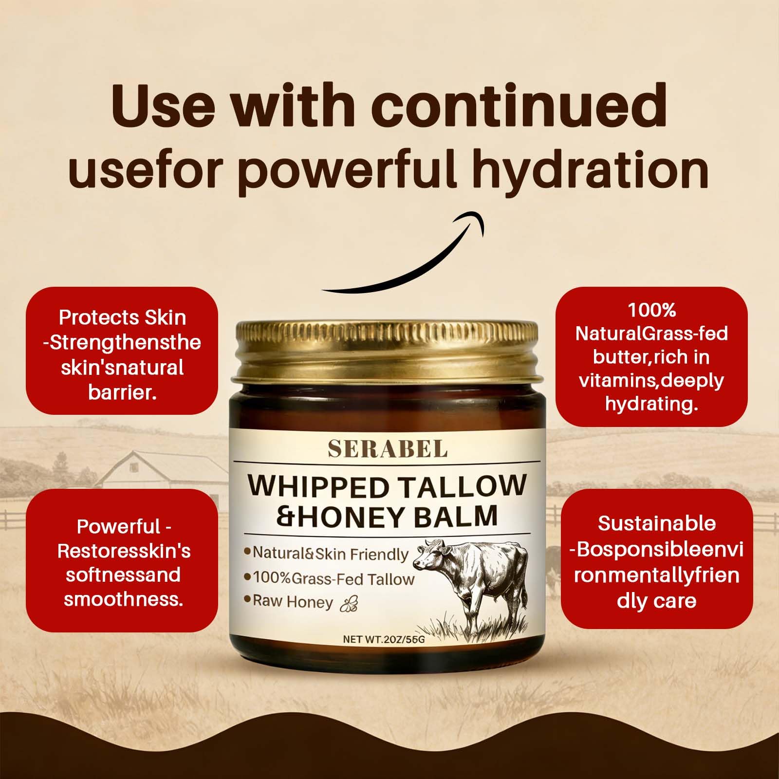 Serabel Whipped Tallow & Honey Balm, Grass-Fed Tallow Moisturizer, 2 Oz