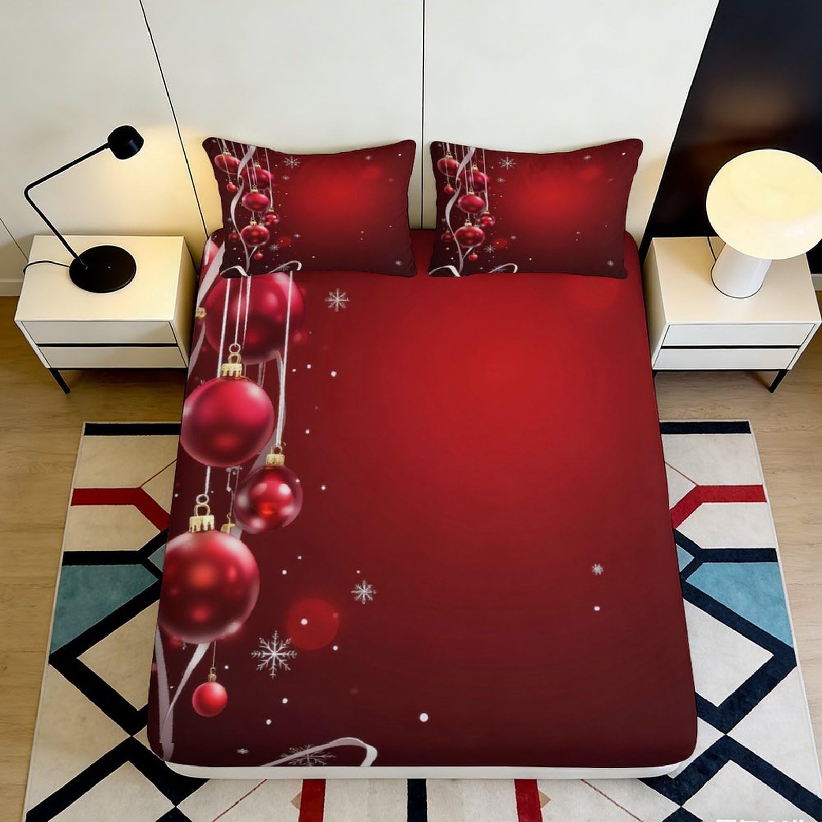Jqzkxnhpbr Style-3 3D Printed Christmas Red Ornaments Fitted Sheet Microfiber Soft Decor Snowflake Bed Cover For Bedroom Guest Room 90X200x25cm