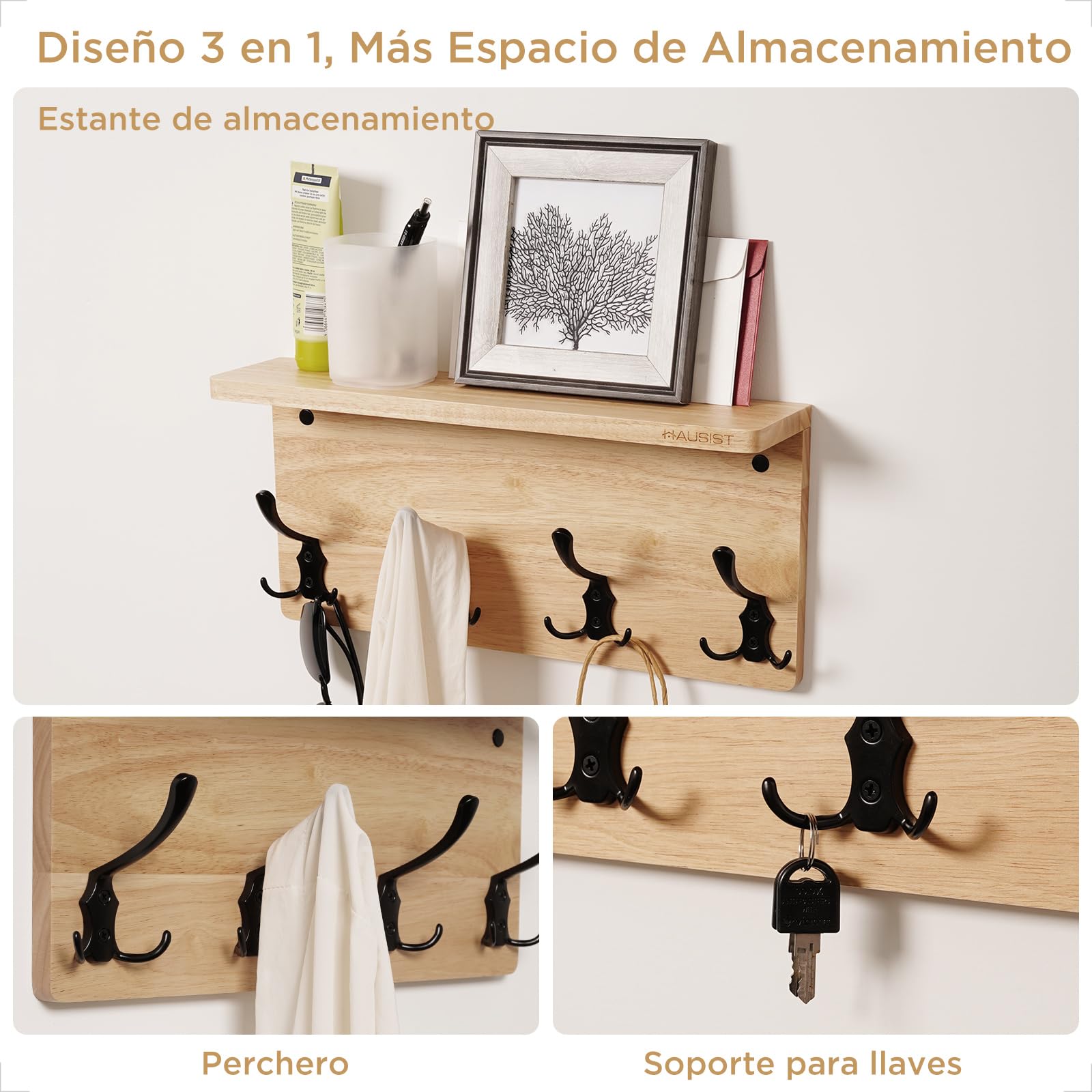 Perchero de Pared de Madera con Estante