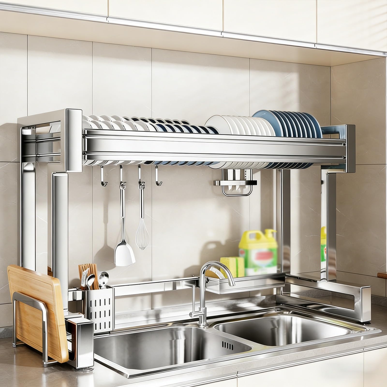 Estante de secado de platos de acero inoxidable 304, estante de almacenamiento de cocina que ahorra espacio para platos, vasos, cubiertos