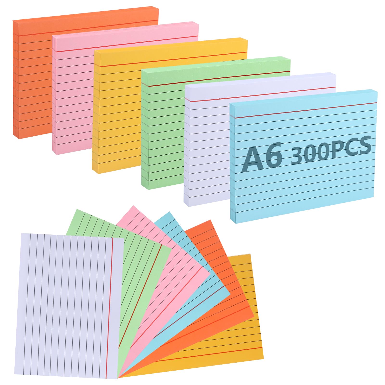 moinkerin Flash Cards 300 Pieces 5.83 * 4.13inch Multicolor Index Cards Record Cards Paper Revision Cards Lined Flashcards for Office Home School Learning