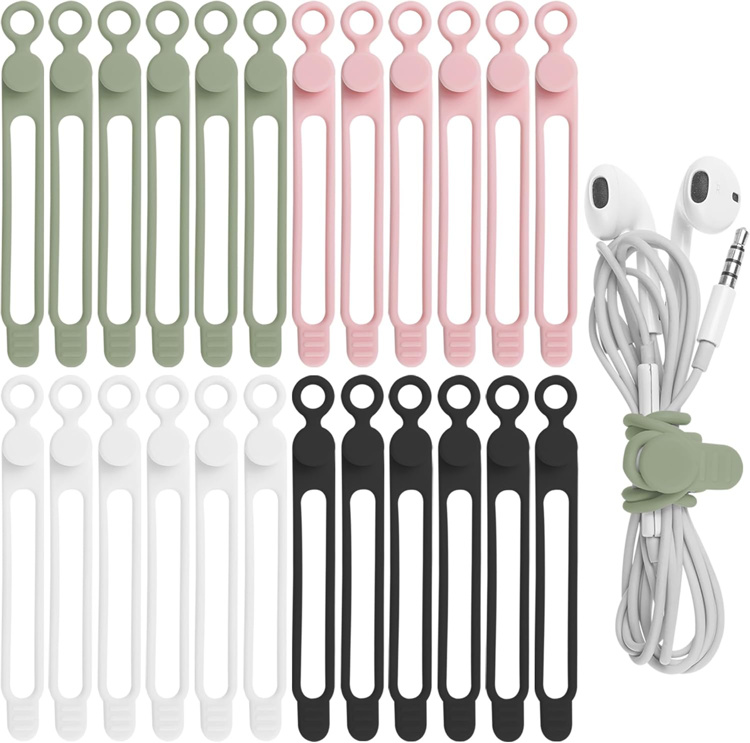 Nearockle 24Pcs Silicone Cable Straps Cord Organizer for Bundling Earphone
