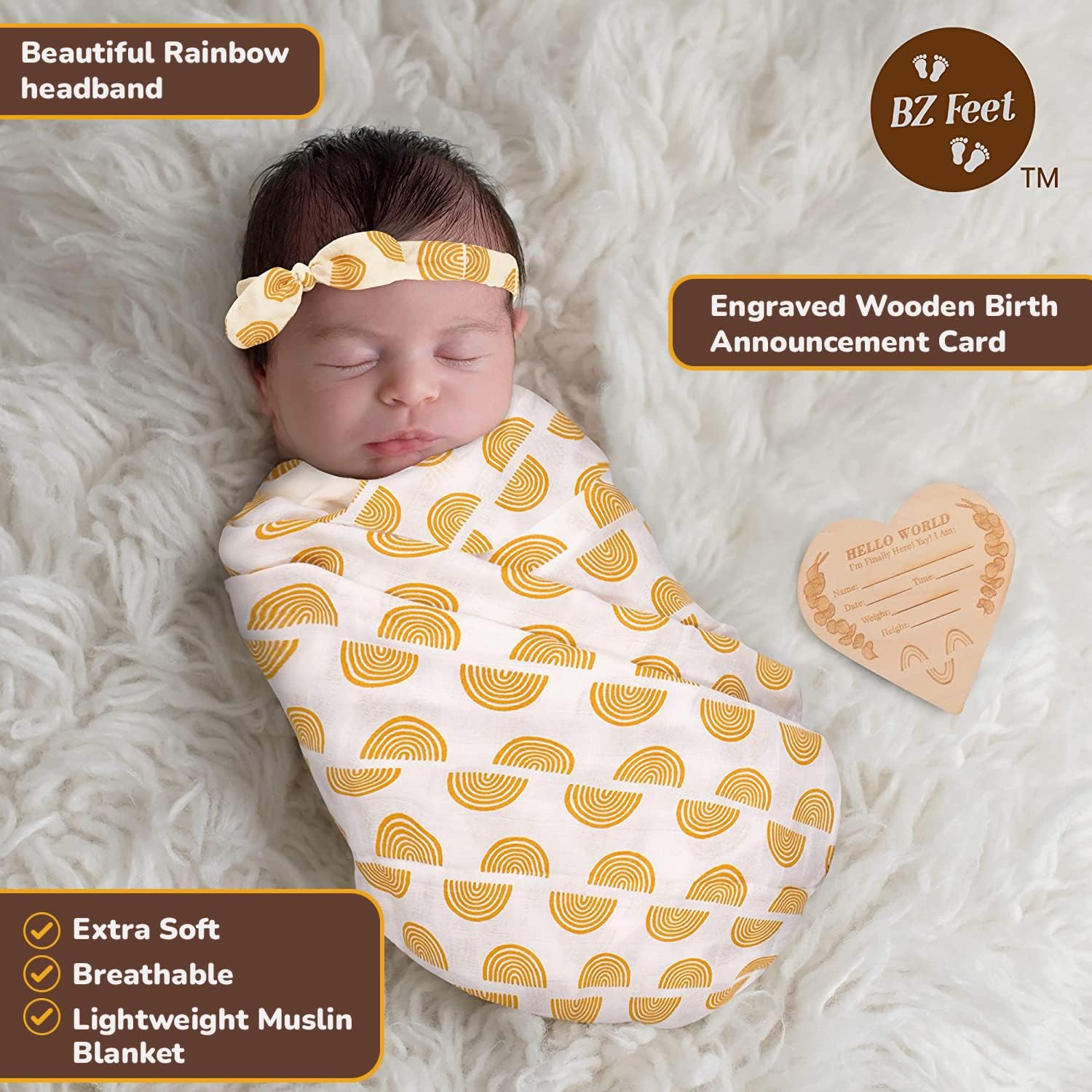 Rainbow Baby Blanket Set – 100% Organic Muslin Baby Blanket | Gender Neutral Baby Blankets Also Stroller Blanket – Includes 1 Boho Baby Blanket | 1 Baby Hat | 1 Headband & 1 Wood Announcement Card