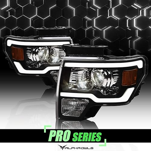 Miniatura 2 de Alpha Owls 8711392 - Faros delanteros con barra de luz LED blanca, color ámbar negro para modelos halógenos Ford F150 2009-2014