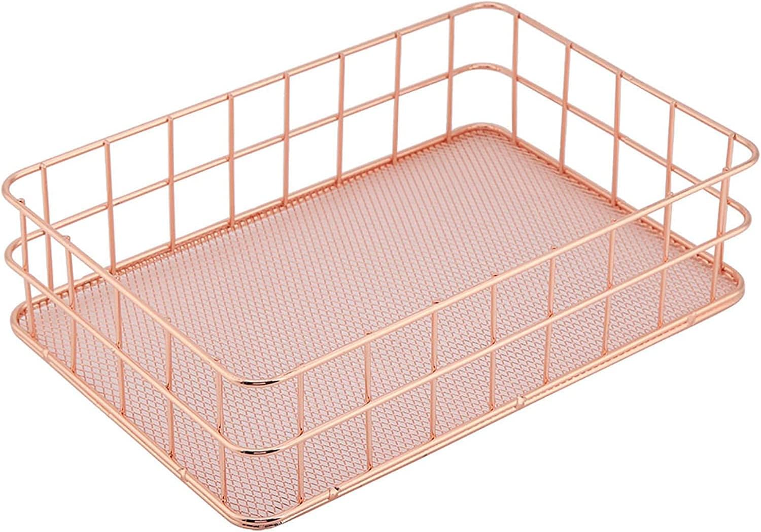 KiwilonMultipurpose Rectangle Metal Mesh Decorative Rose Gold Storage Basket Desk Organizer for Office and Home (24x17x6 CM)