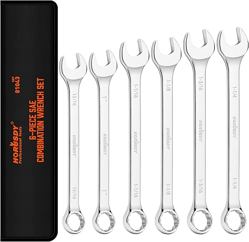 HORUSDY Juego de llaves grandes con bolsa rodante | SAE | 6 piezas | 15/16″, 1″, 1-1/16″, 1-1/8″, 1-3/16″, 1-1/4″ | 12 puntos | Acero al cromo