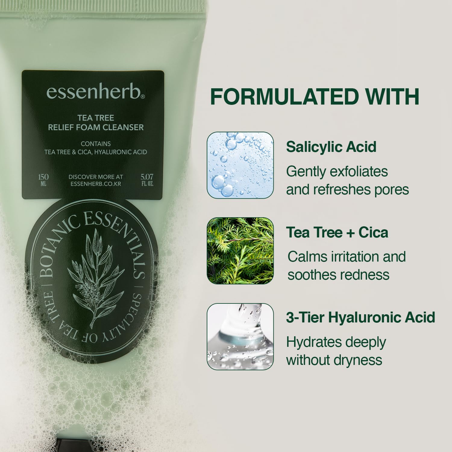Tea Tree Foam Cleanser - Gentle Face Wash with Creamy Foam Texture & Hyaluronic Acid, BHA for Deep Pore Cleansing, For Oily & Sensitive Skin ,Korean Skin Care(150ml / 5.07 fl.oz) - Image 5