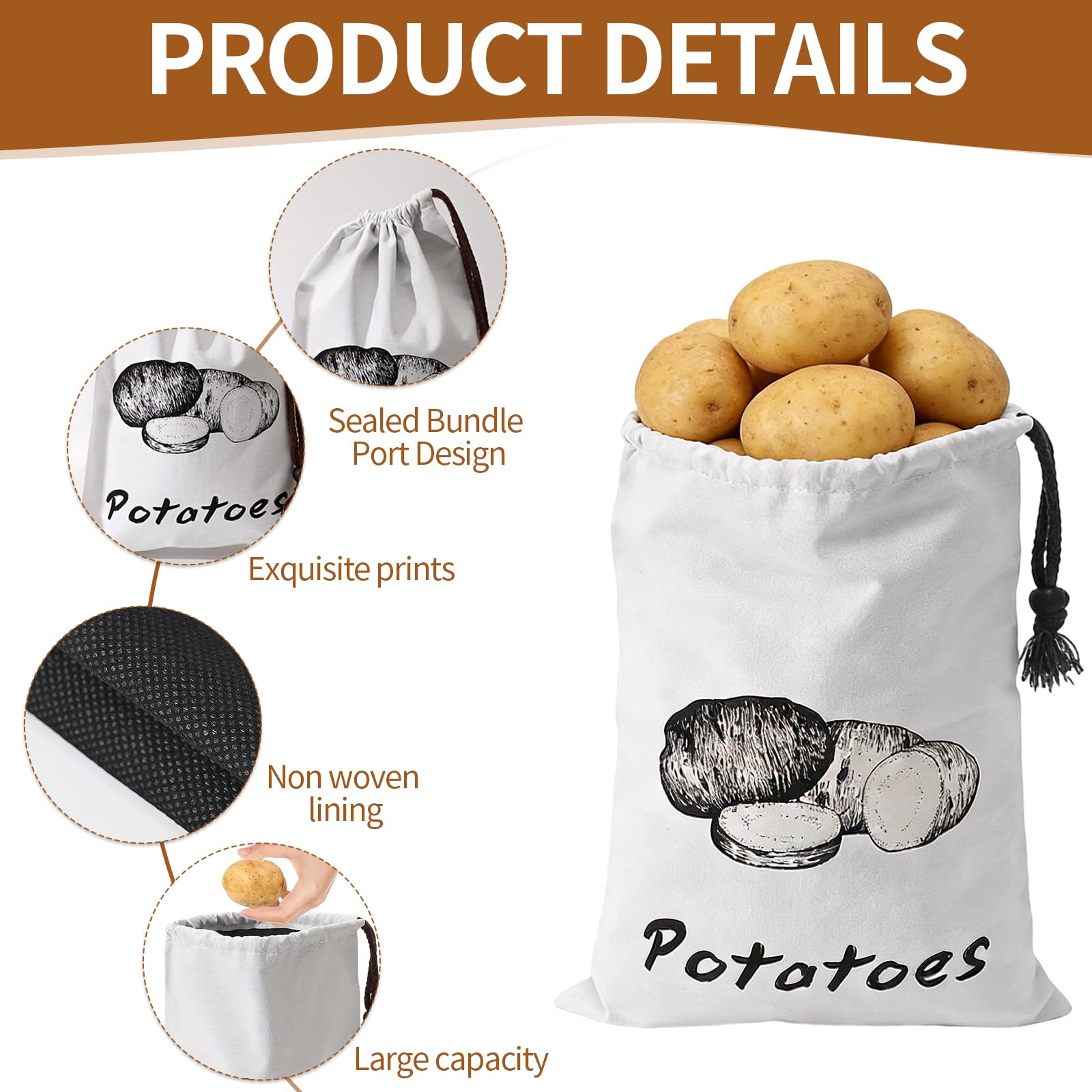 3 Stück Kartoffelsack, 26x35CM Kartoffeln Zwiebeln Knoblauch Aufbewahren Kartoffelaufbewahrung aus Canvas Aufbewahrung Küche mit Kordelzug Gemüsebeutel