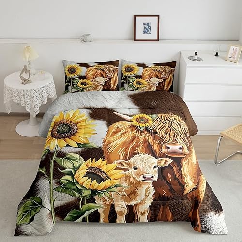 Miniatura 2 de Highland Gattle Queen - Juego de edredón con estampado de vaca marrón para niños y niñas, edredón de girasol de piel de vaca occidental, relleno de