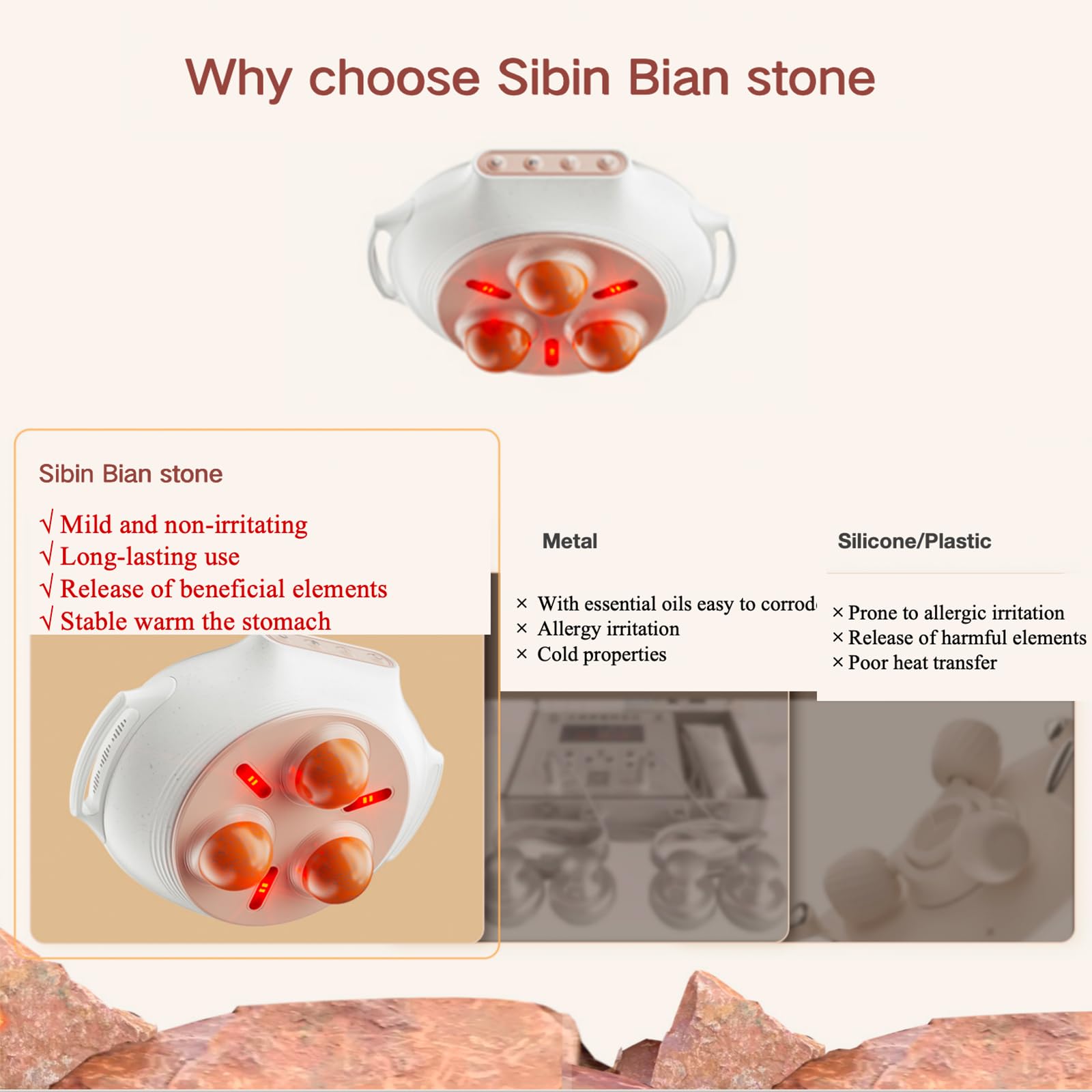 Masajeador abdominal con agujas de piedra natural, terapia de luz roja, calor infrarrojo lejano, masaje abdominal portátil para digestión y comodidad