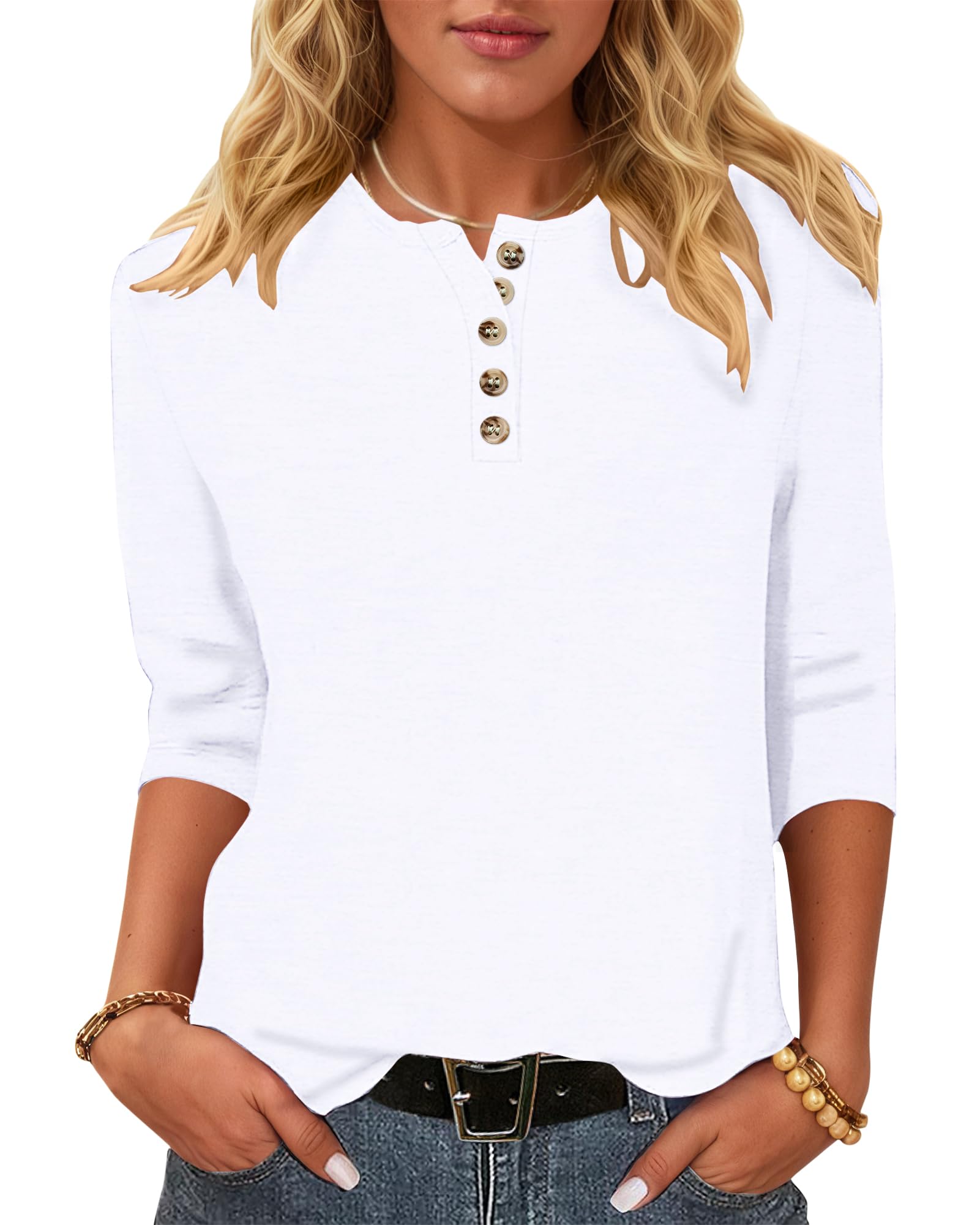 – 3/4 Sleeve Tops for Women UK - Henley Shirts Button Up Blouse Ladies Crew Neck T-Shirt Basic Casual Tunic Elegant Tees Lightweight Pullover