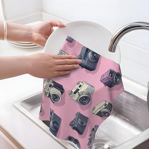 Miniatura 3 de Retro Camera Pink Print Kitchen Towels, Quick Drying Absorbent Dish Towel, Soft Hand Towels for Kitchen Drying with Lanyard for Home Decor