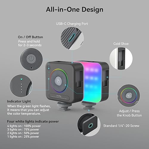 Miniatura 5 de SmallRig Luz de video RGB P108, luces de cámara LED portátil, iluminación de fotografía a todo color de 360° con 3 zapatas frías, panel de luz de