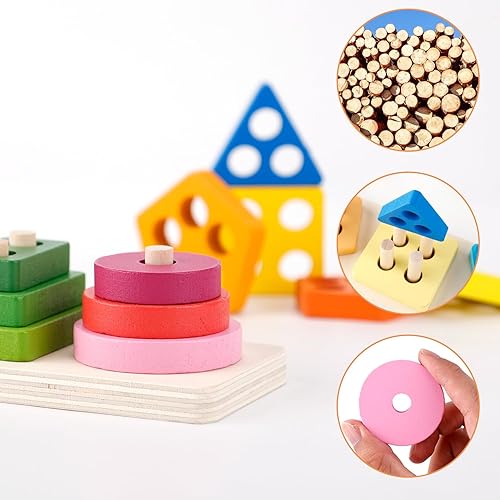 Miniatura 6 de NQEUEPN Juguetes apilables de madera Montessori, rompecabezas de bloques a juego para niños pequeños, juguete clasificador de formas de madera,