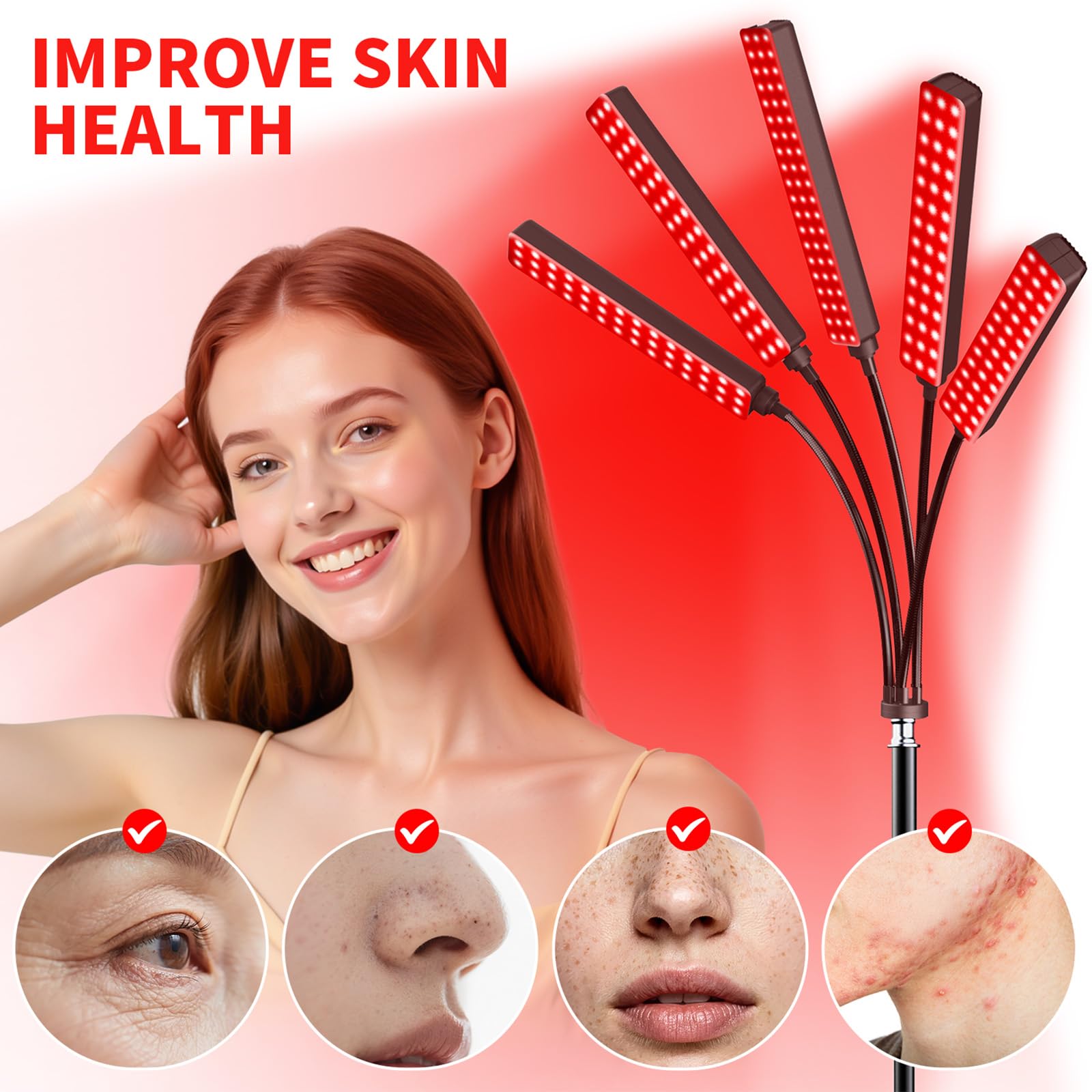 Red Light Therapy for Face Body Red Light Infrared Light Therapy Lamp with Stand LED 660nm 850nm 5 Heads Infrared Light Device for Body Face Skin Muscle