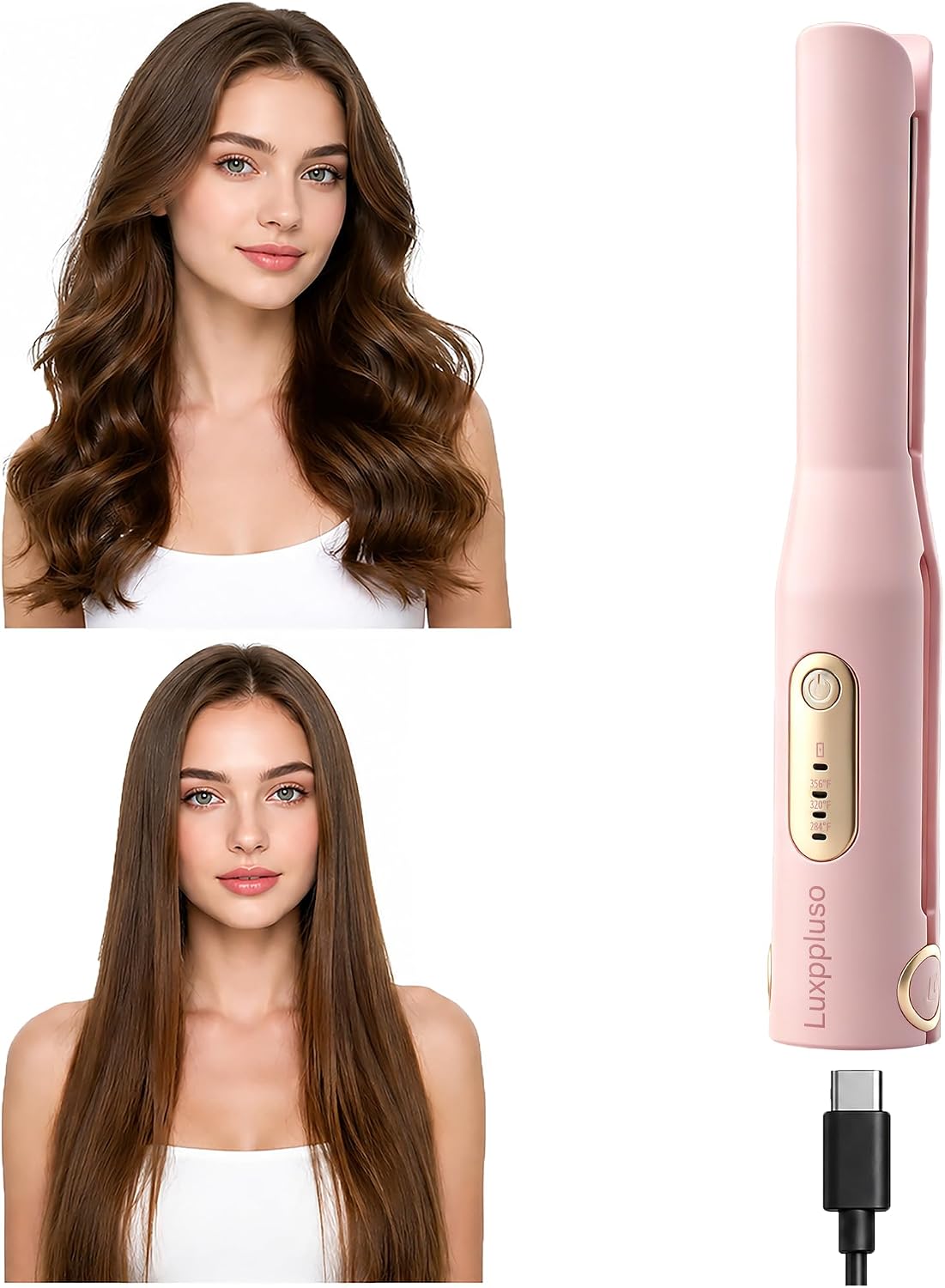 Cordless Hair Straightener and Curler 2 in 1 | USB-C Rechargeable, Ceramic, Mini Flat Iron, Portable Wireless, Travel Purse Gym Daily Use