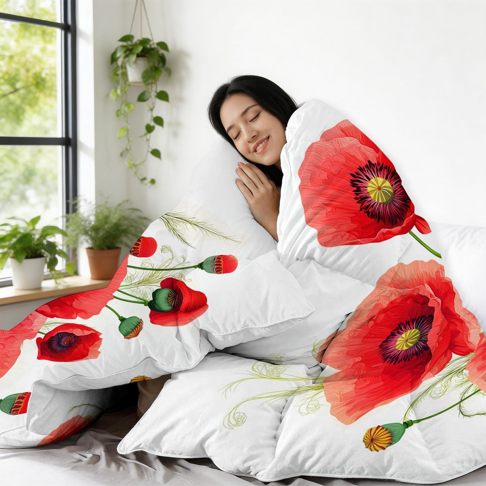135 x 200 cm Bettdecke 4-Jahreszeiten Steppdecke 3-teilige Bettwäsche, Gelb Traditionell Blumen Mohn Weiche Microfaser Steppdecke Winter & Sommerdecke für Erwachsene, Kinder & Allergiker