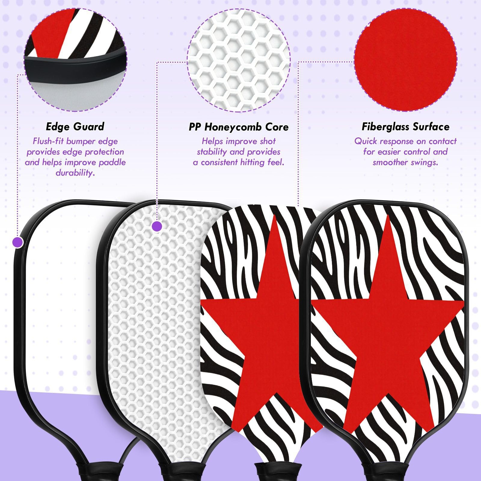 Zebras Red Stars - Racchetta da pickleball in carbonio a basse vibrazioni