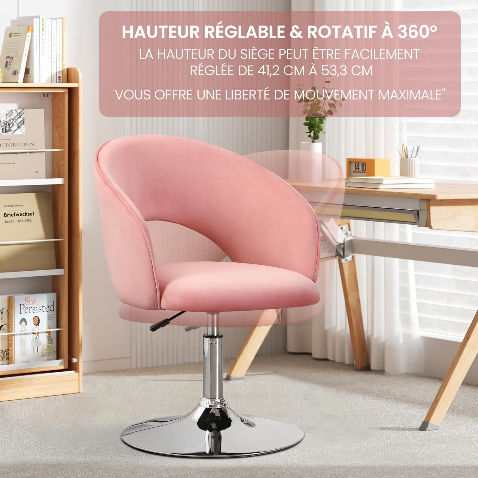 Chaise de Coiffeuse, Tabouret de Maquillage, Chaise de Salle à Manger Pivotante, Tabouret de Bar Réglable en Hauteur, Fauteuil de Salon Relax Tabourets de Cuisine avec Dossier et Socle, Rose
