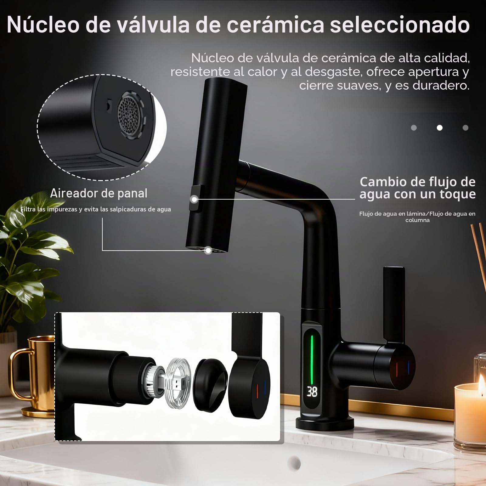 Grifo Cocina Extraible, Grifo de Baño con LED de Temperatura Grifos de Cocina Fregadero con 3 Modos de Flujo de Agua Orientable de 360° grifo de cascada de baño Negro Altura Ajustable