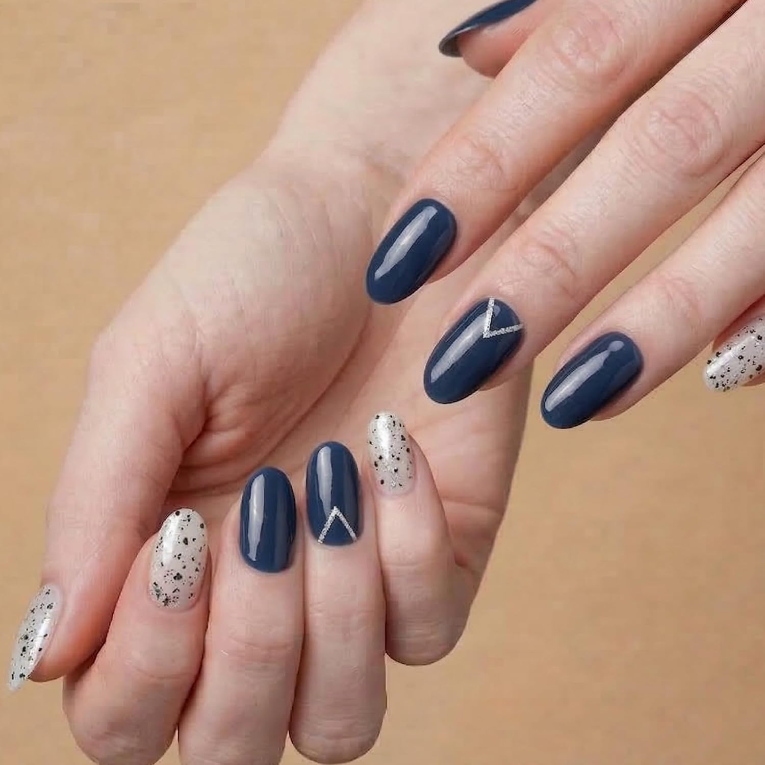 32Pcs Semi Cured Gel Nail Strips,Navy Blue & Milky White Speckled Glitter Gel Nail Wraps, Works with Any UV Lamps, Salon Quality Long Lasting Nail Stickers