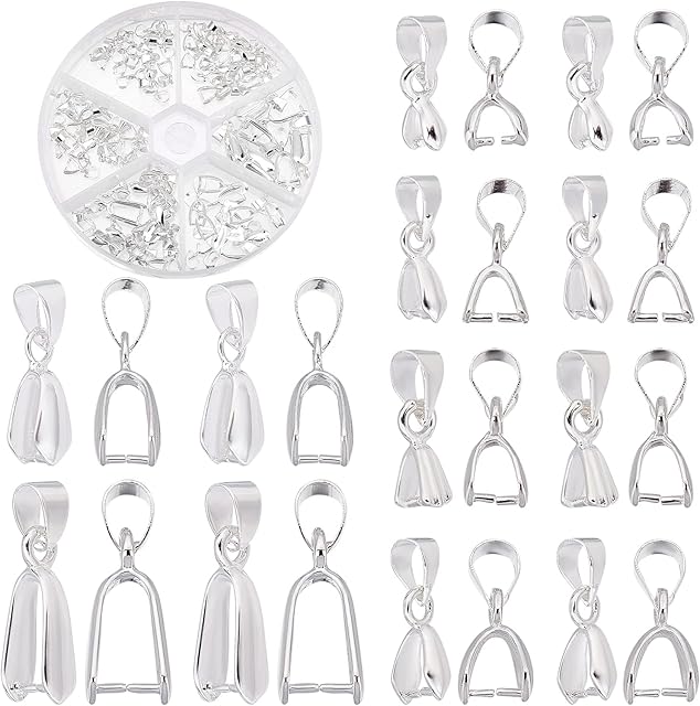 PandaHall Elite 90 pcs 6 Sizes Brass Pinch Bails Pinch Clip Bail Clasp Dangle Charm Bead Pendant Connector Findings for Pendants Necklace Jewellery DIY Craft Making, Silver