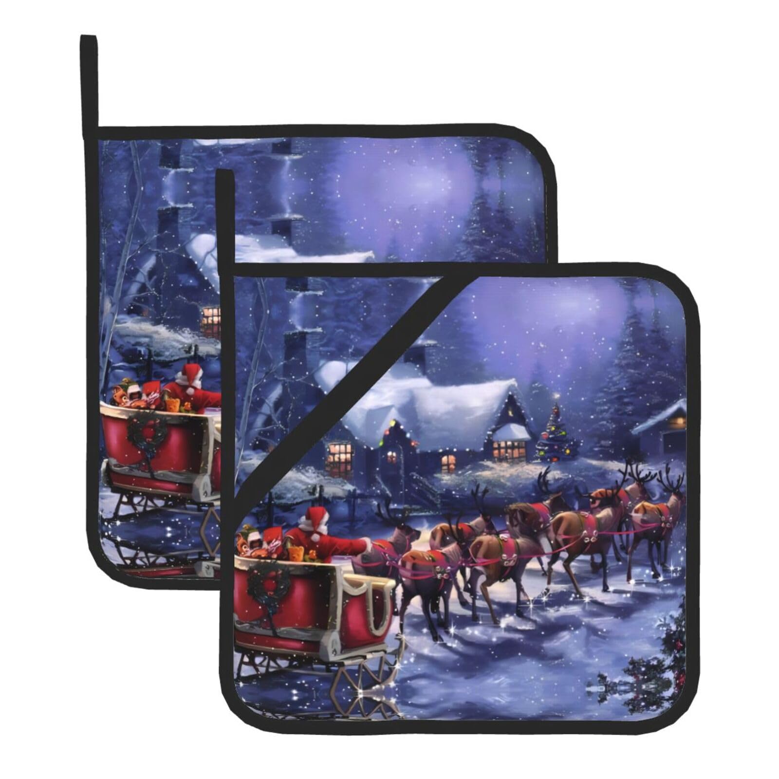 WHJSHOP Snow Night Santa and Deer Prints Square Pot Holders - Waterproof Heat Resistant Kitchen Throw Pads for Hot Bowls & Dishes, Durable Oven Mitt Layers with Hanging Loop - Set of 2