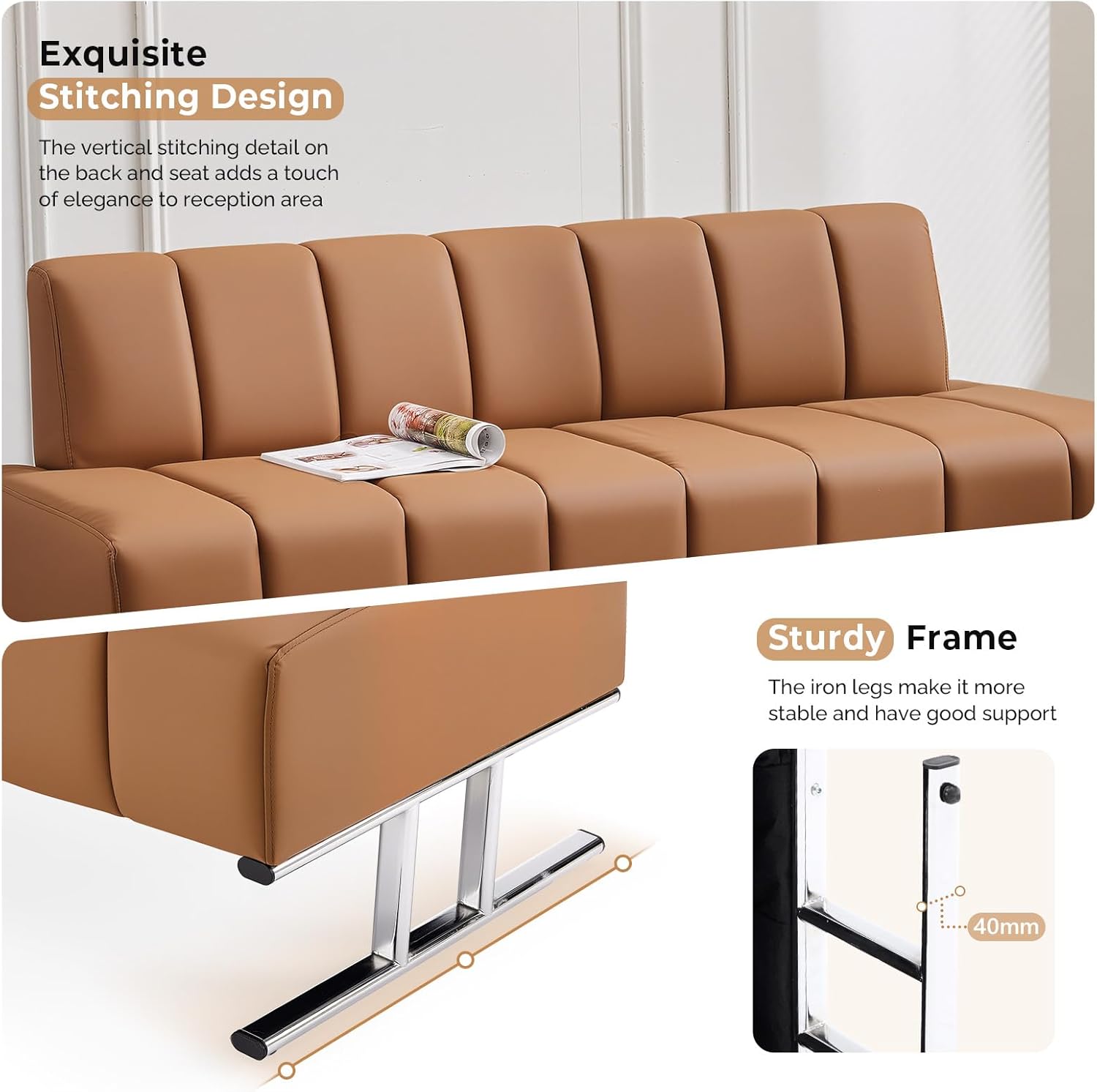 OmySalon Waiting Room Chairs Faux Leather Office Guest Chair, 59’’ Brown Lobby Bench Seating, Reception Area Furniture for Clinic Hospital School
