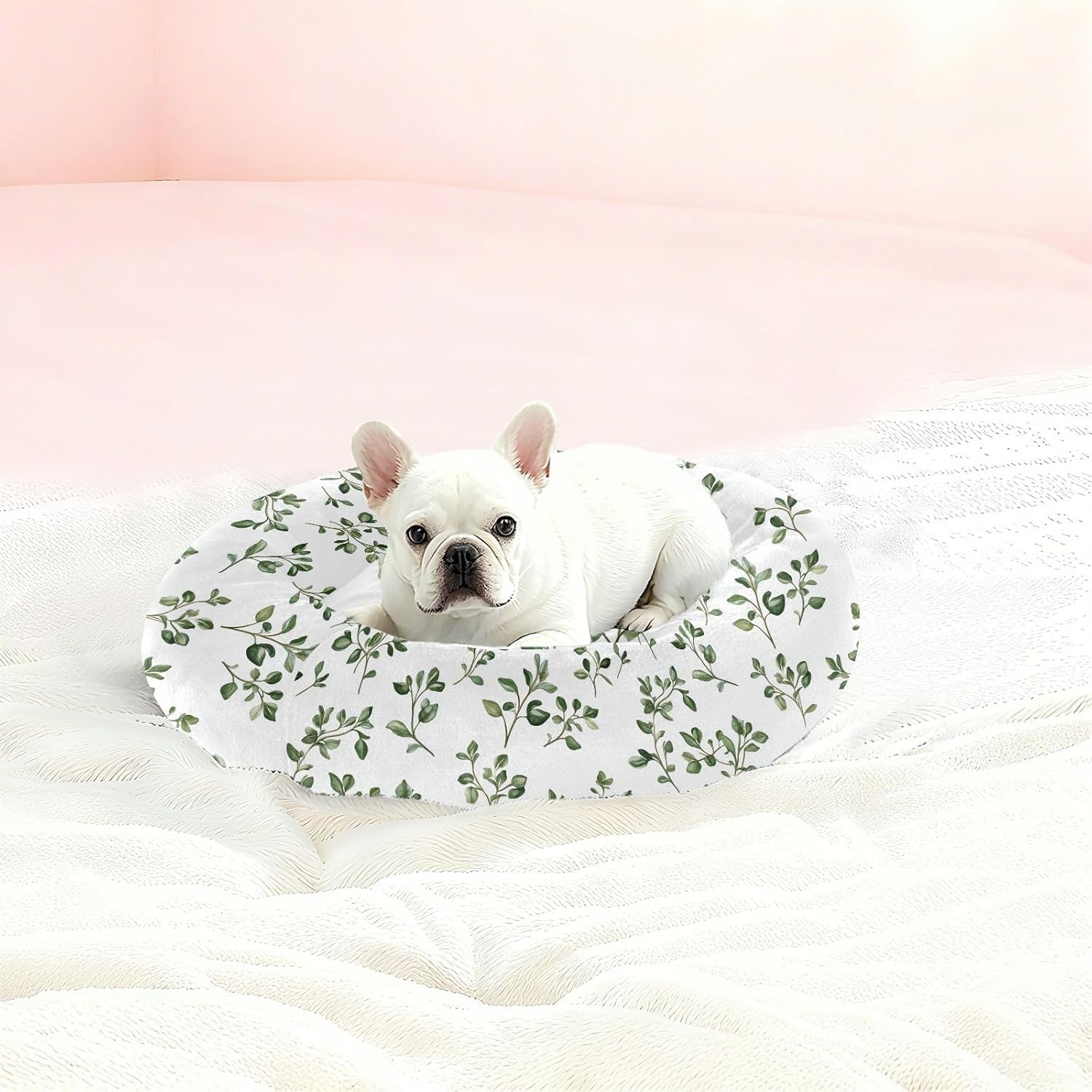 Pet Dog Beds Anxiety Relief Fluffy Dog Pillow Bed for Medium Size Pets Supplies M Chic Leaf Thyme White