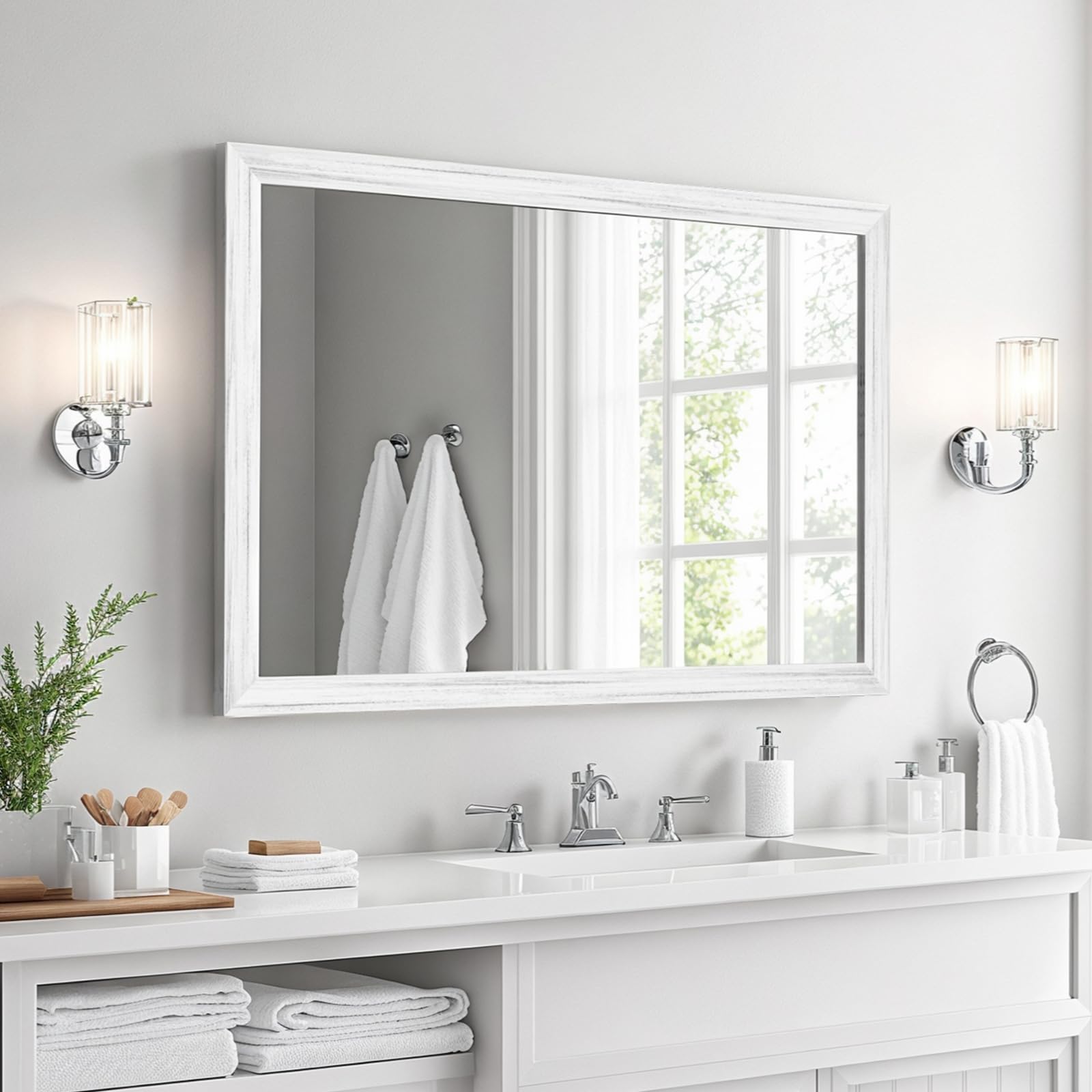 Lustro ścienne w ramce z efektem białego drewna, prostokątne lustro 24 x 36, szkło hartowane 1/20.3 cm, trwałe i solidne ramki PS, odbicie HD i szybka konfiguracja 3 min do łazienki salonu