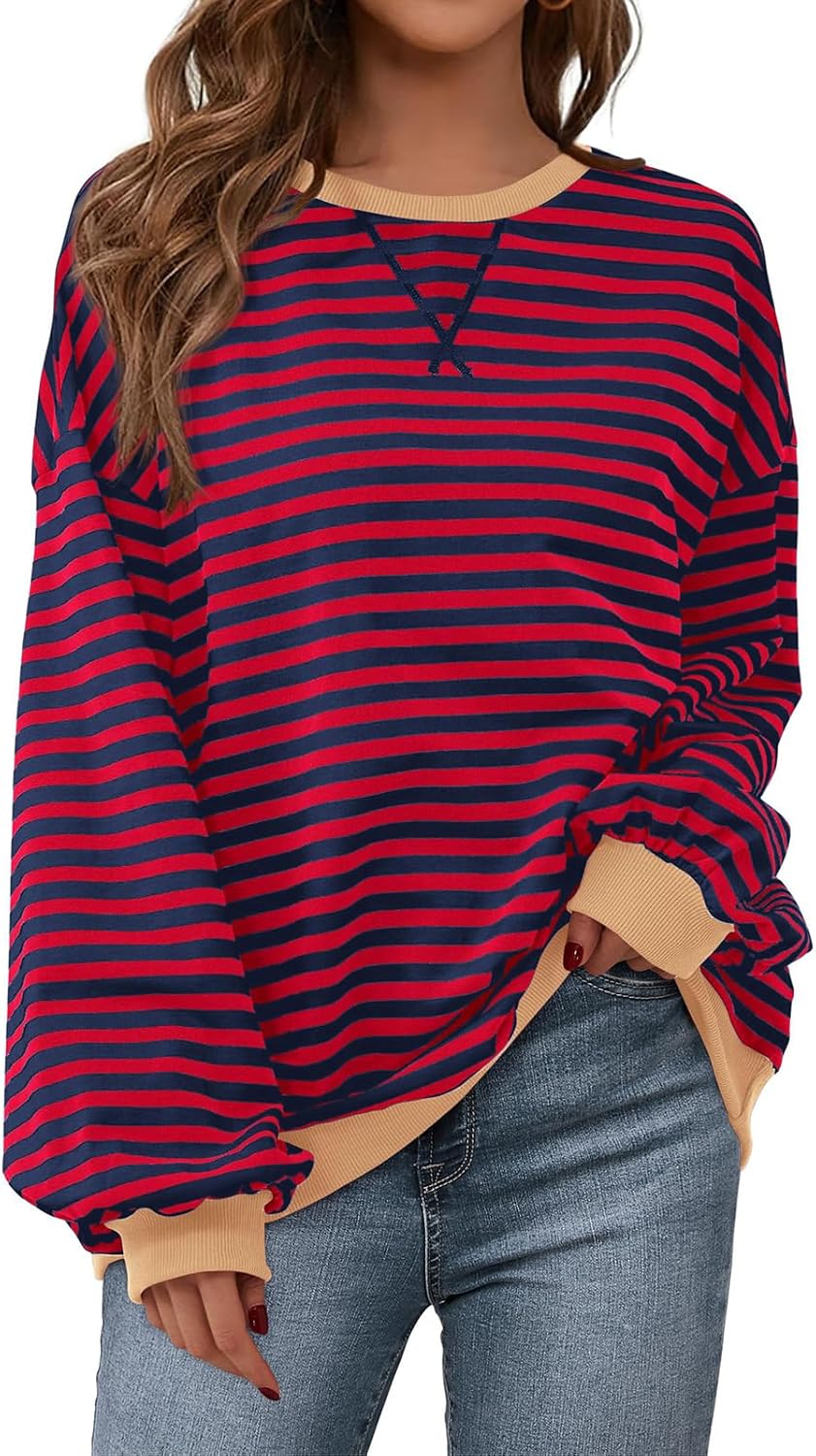 PRETTYGARDEN Womens Striped Oversized Sweatshirt Color Block Crew Neck Long Sleeve Casual Loose Pullover Top Y2K Clothes