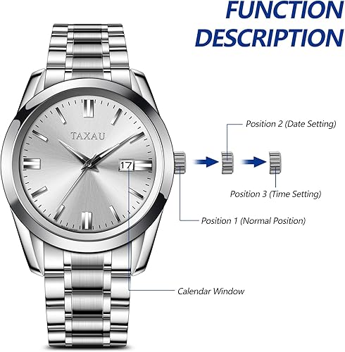 Miniatura 9 de Taxau Relojes analógicos de cuarzo para hombre, relojes de acero inoxidable con cara grande para hombres, relojes de pulsera para hombre con fecha